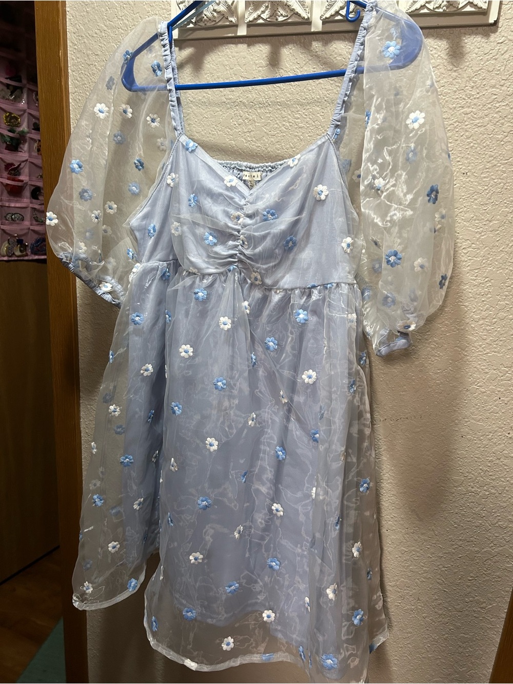 Light Blue Floral Midi Dress with Sheer Puff Sleeves